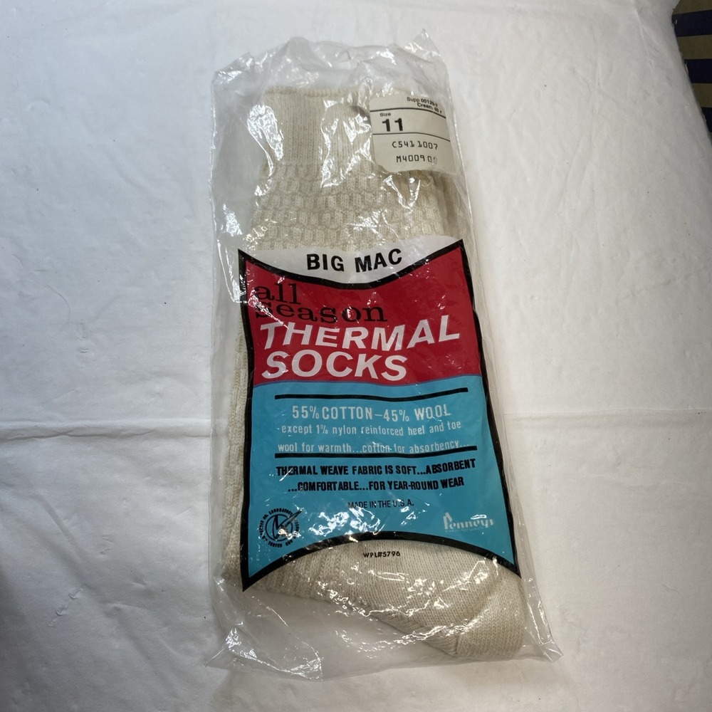 VINTAGE J C PENNEYS BIG MAC ALL SEASON THERMAL SOCKS SIZE 11 COTTON WOOL NOS